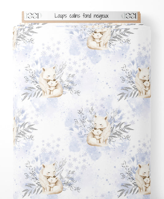 Tissu - Loups câlins fond neigeux