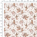 Tissu - Oiseaux bruns et fleurs roses 2