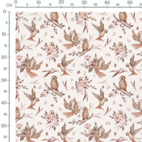 Tissu - Oiseaux bruns et fleurs roses 2