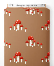 Tissu - Champignons rouges sur brun