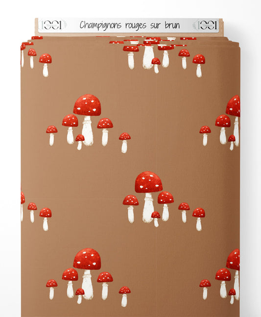 Tissu - Champignons rouges sur brun