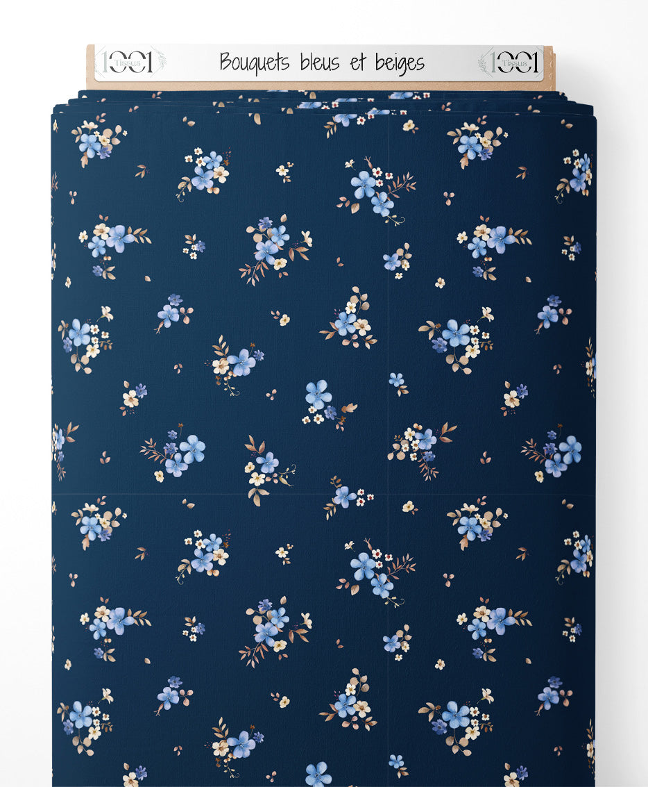 Tissu - Bouquets bleus et beiges