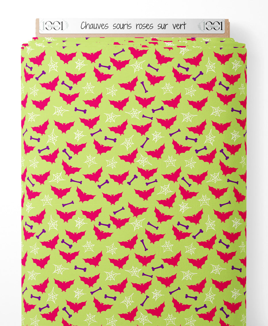 Tissu - Chauves-souris roses sur vert