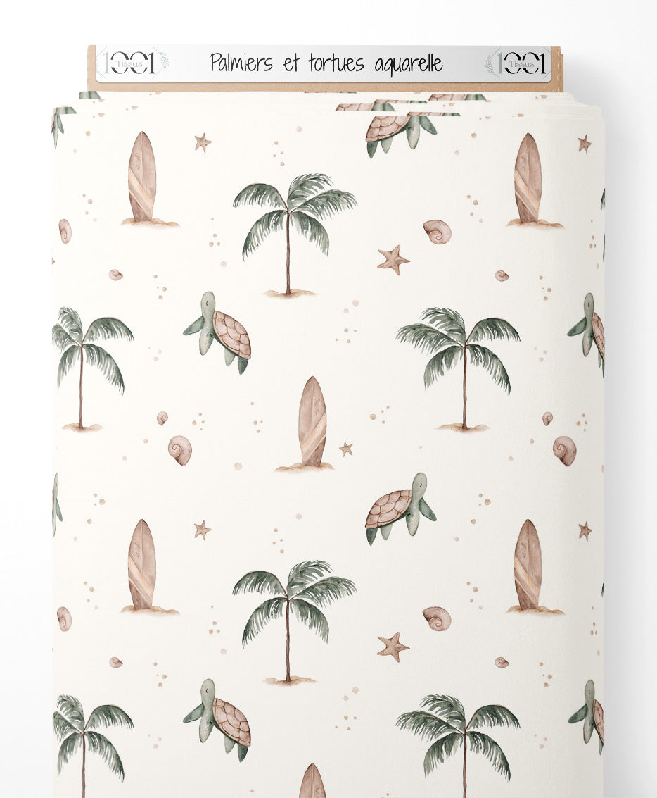 Tissu - Palmiers et tortues aquarelle