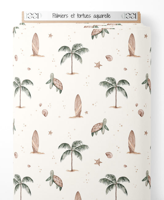 Tissu - Palmiers et tortues aquarelle