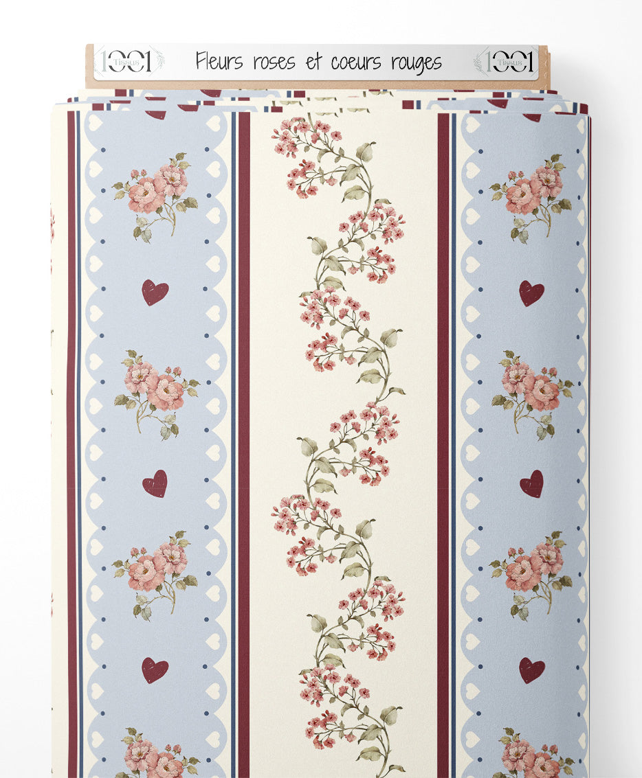 Tissu - Fleurs roses et cœurs rouges