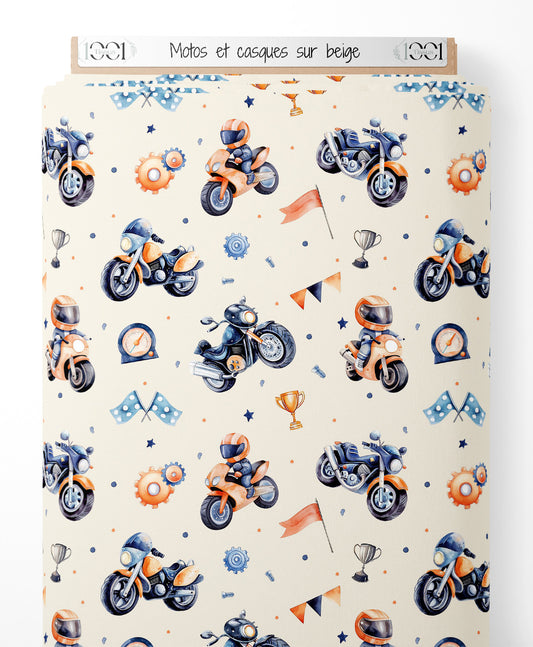 Tissu - Motos et casques sur beige
