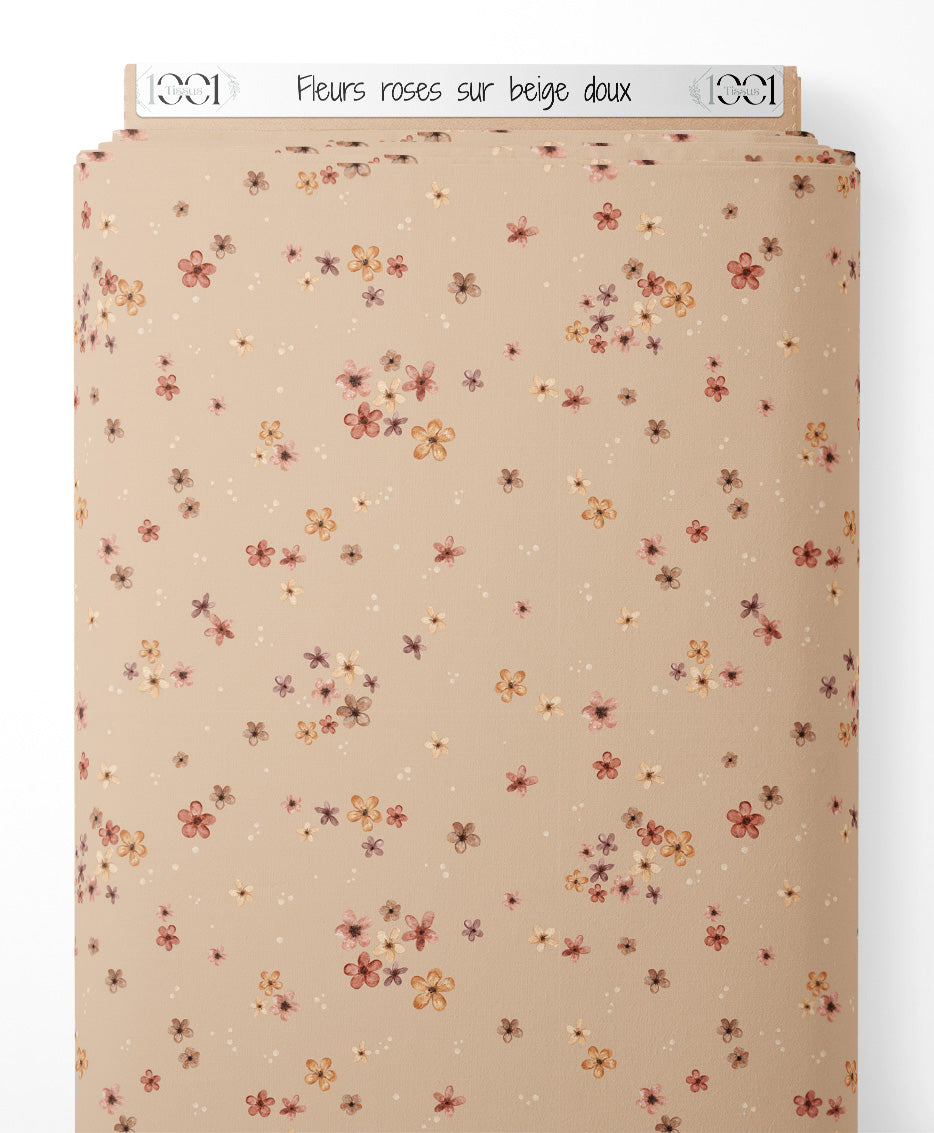 Tissu - Fleurs roses sur beige doux