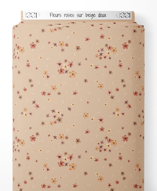 Tissu - Fleurs roses sur beige doux