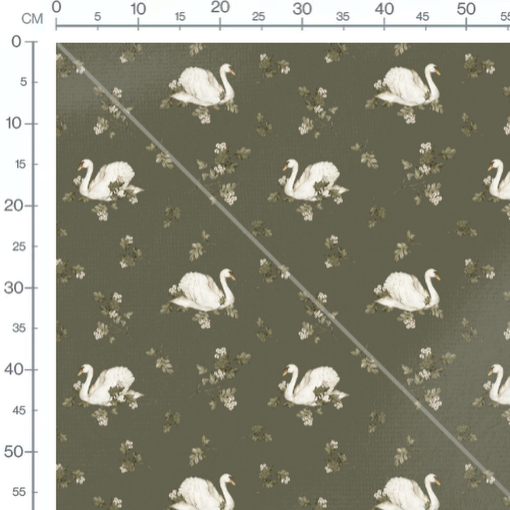 Tissu - Cygnes et fleurs sur fond olive