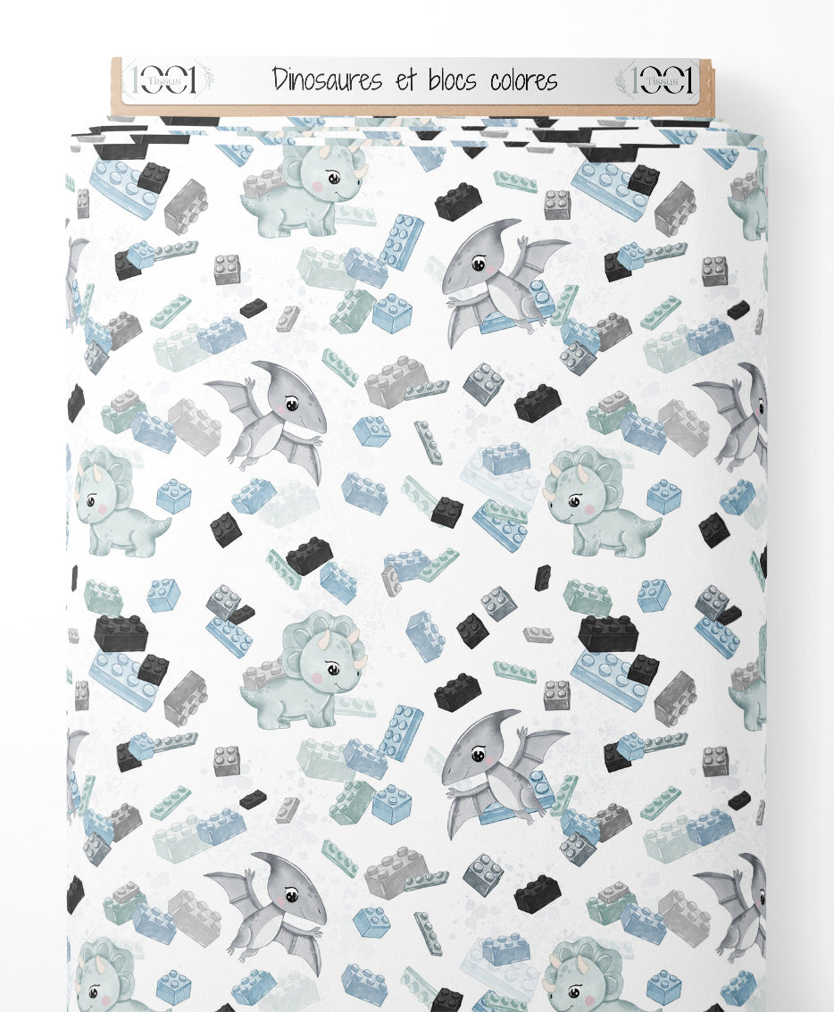 Tissu - Dinosaures et blocs colorés