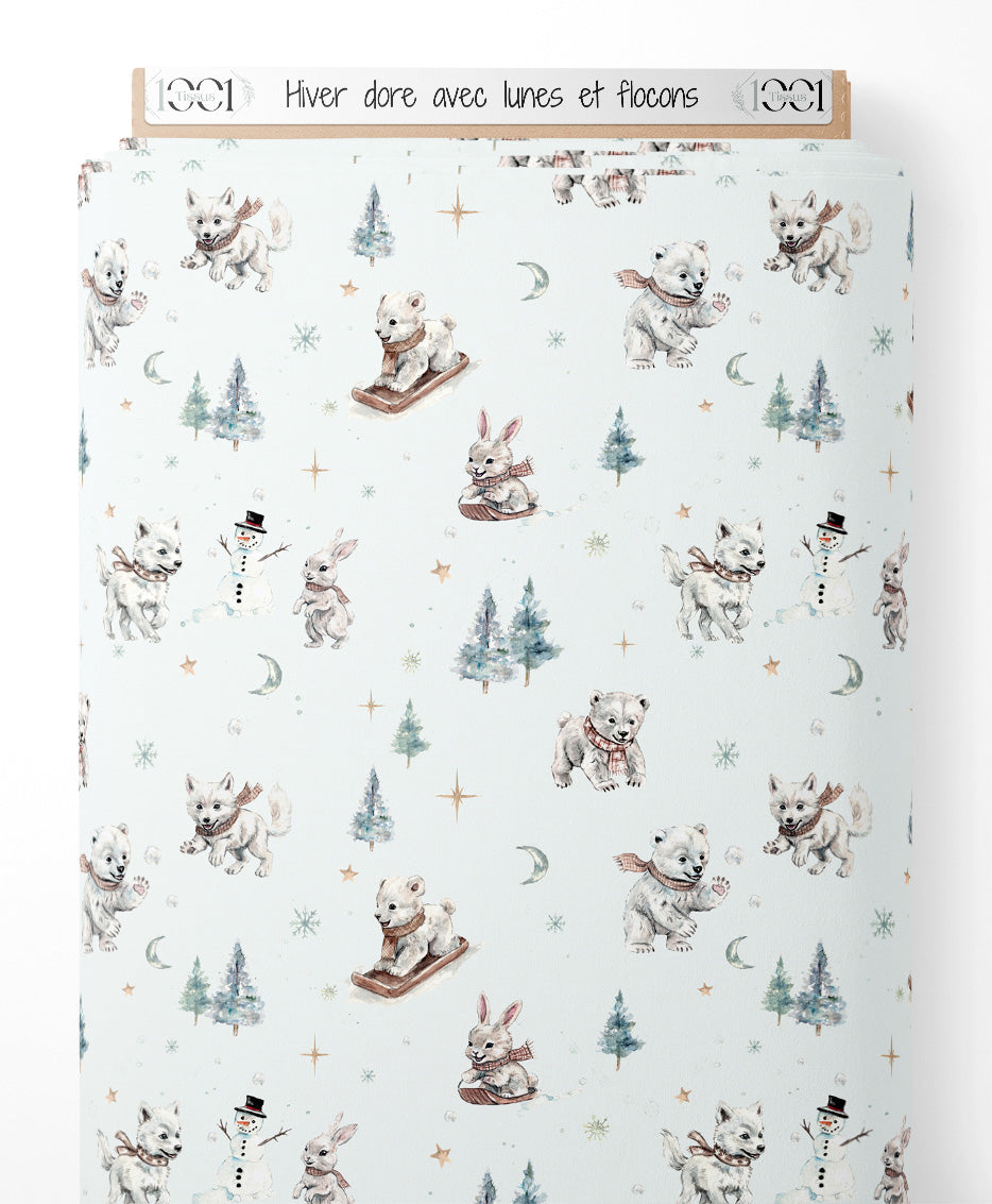 Tissu - Hiver doré avec lunes et flocons