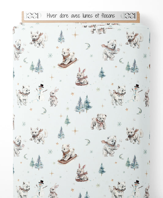 Tissu - Hiver doré avec lunes et flocons