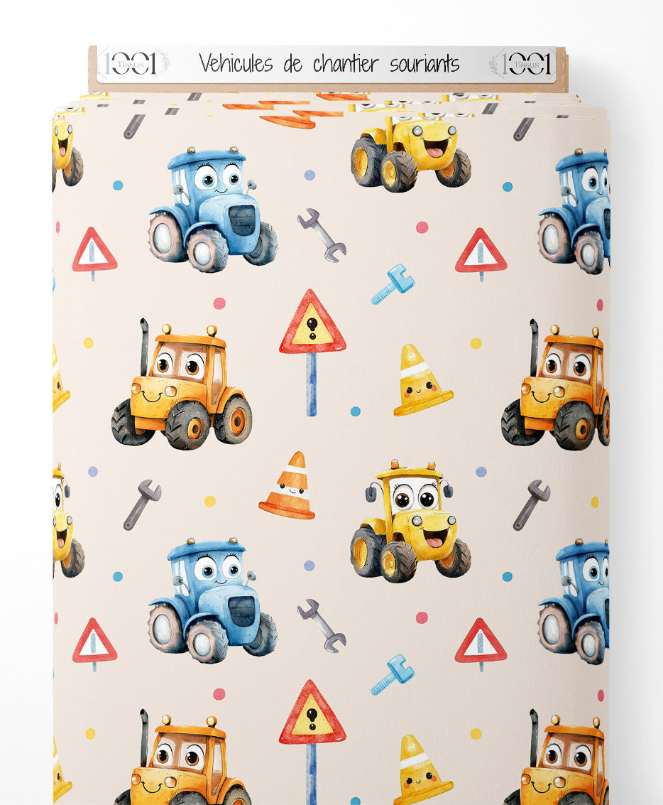 Tissu - Véhicules de chantier souriants