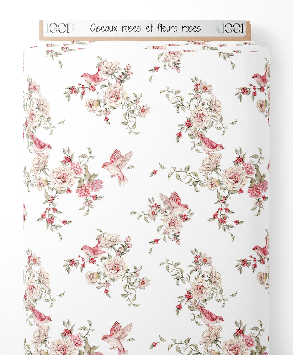 Tissu - Oiseaux roses et fleurs roses