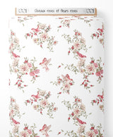 Tissu - Oiseaux roses et fleurs roses