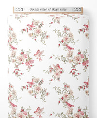 Tissu - Oiseaux roses et fleurs roses