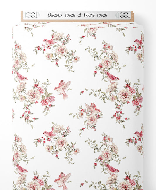 Tissu - Oiseaux roses et fleurs roses