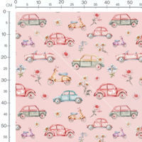 Tissu - Voitures rétro sur fond rose