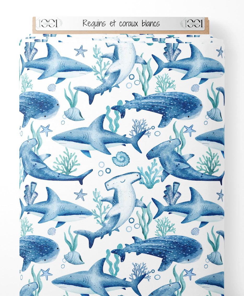 Tissu - Requins et coraux blancs