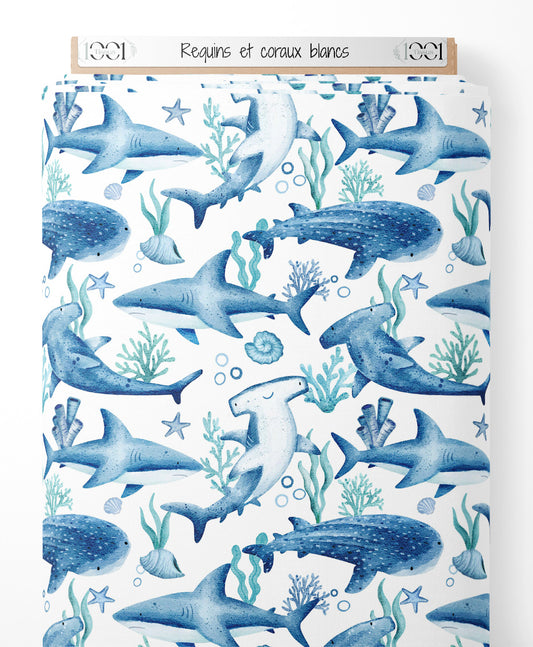 Tissu - Requins et coraux blancs