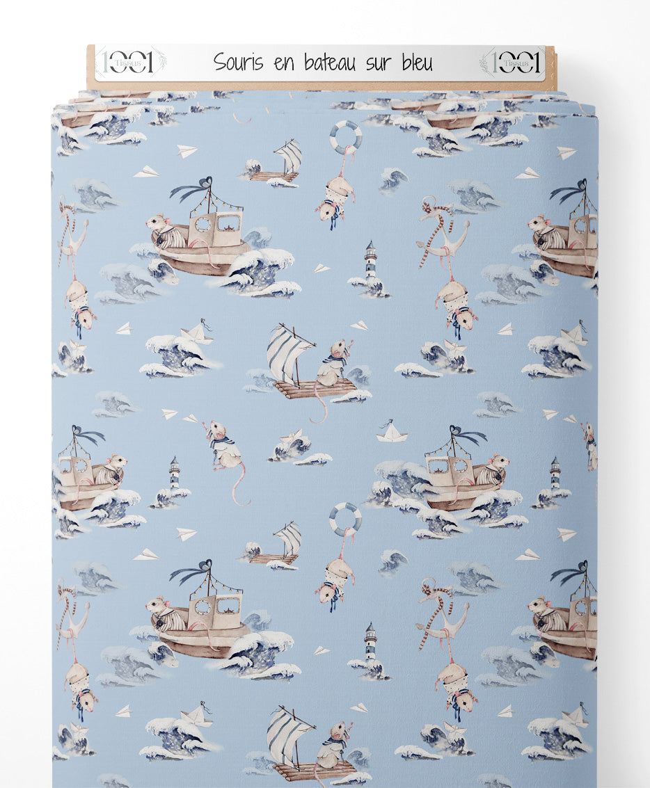 Tissu - Souris en bateau sur bleu