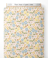 Tissu - Fleurs bleues et jaunes crème