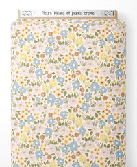 Tissu - Fleurs bleues et jaunes crème