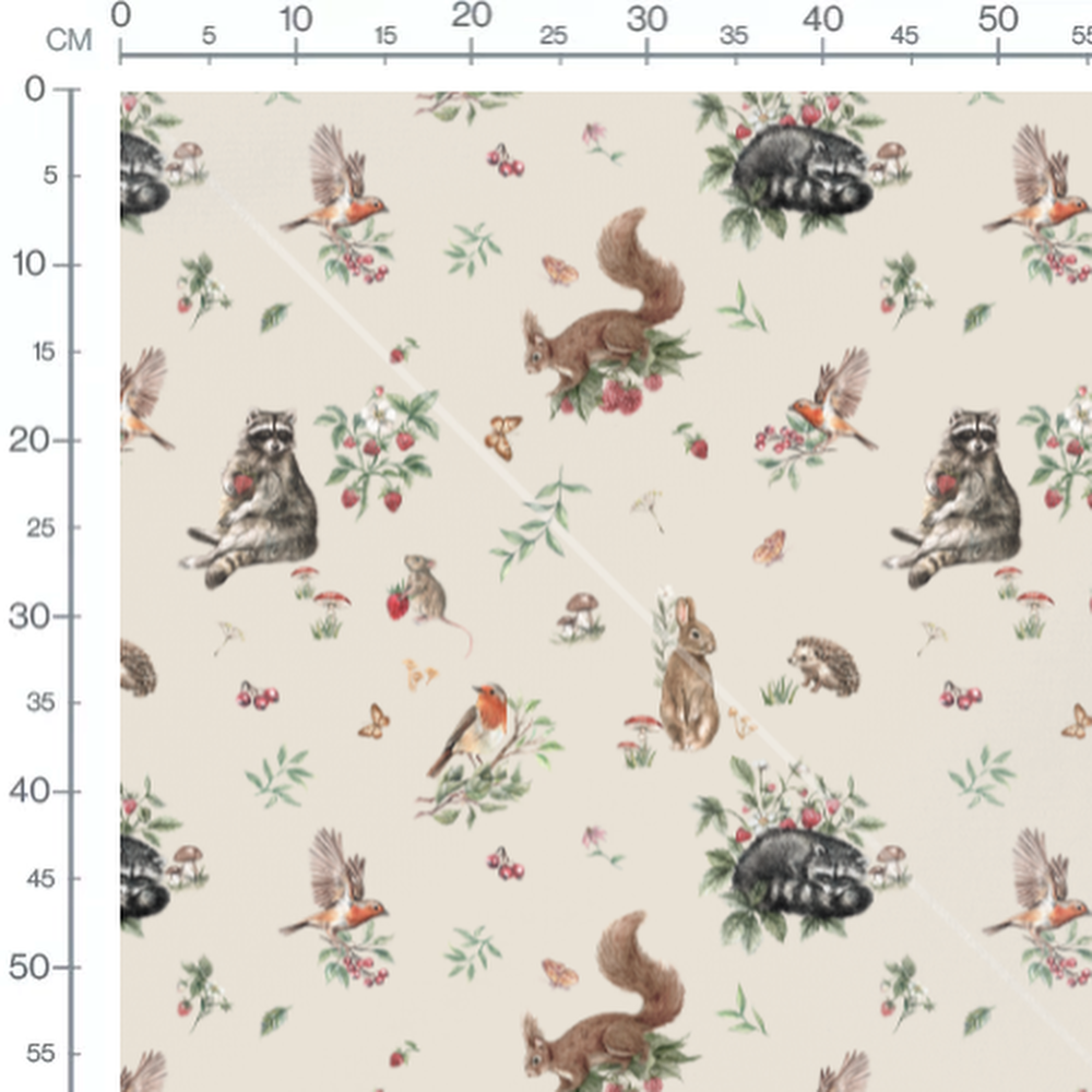 Tissu - Animaux et baies sur fond beige