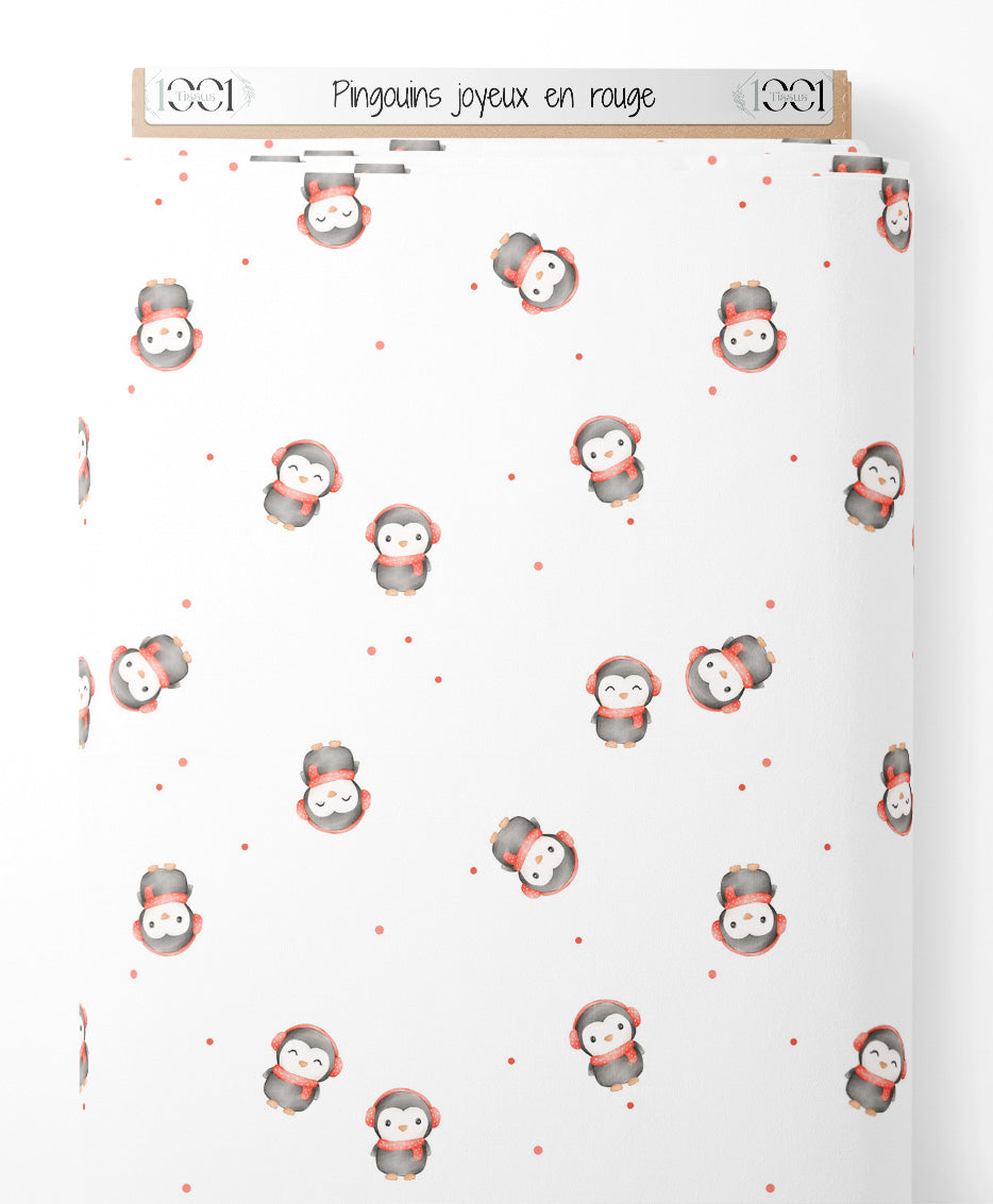Tissu - Pingouins joyeux en rouge