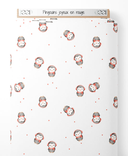 Tissu - Pingouins joyeux en rouge