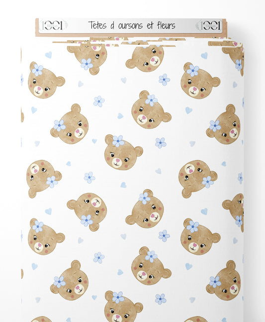 Tissu - Têtes d'oursons et fleurs