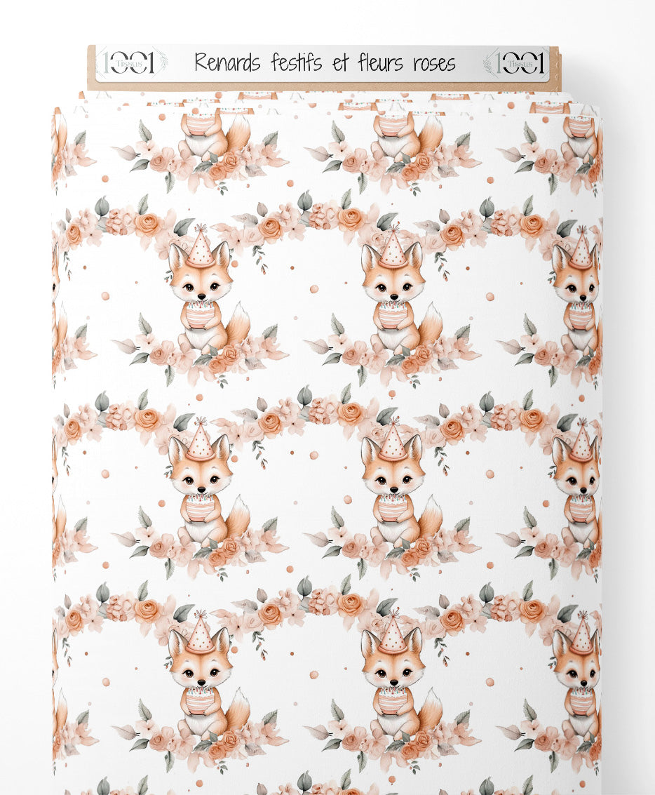 Tissu - Renards festifs et fleurs roses