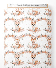Tissu - Renards festifs et fleurs roses