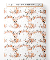 Tissu - Renards festifs et fleurs roses