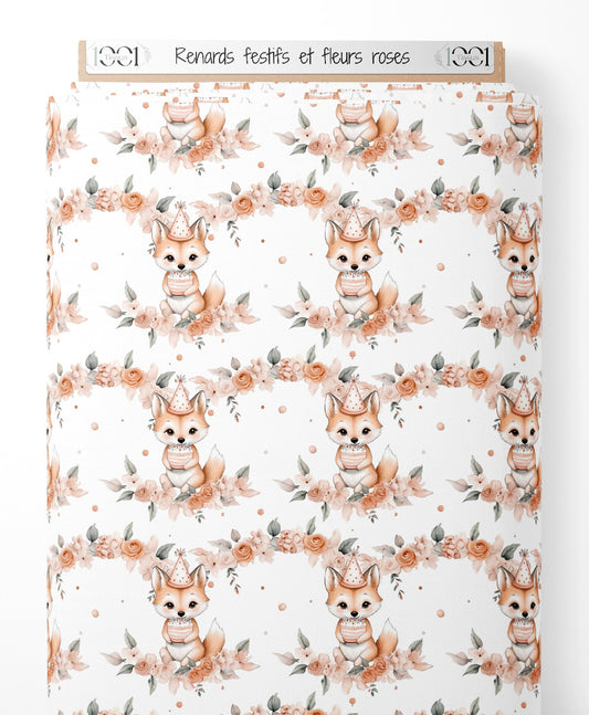 Tissu - Renards festifs et fleurs roses