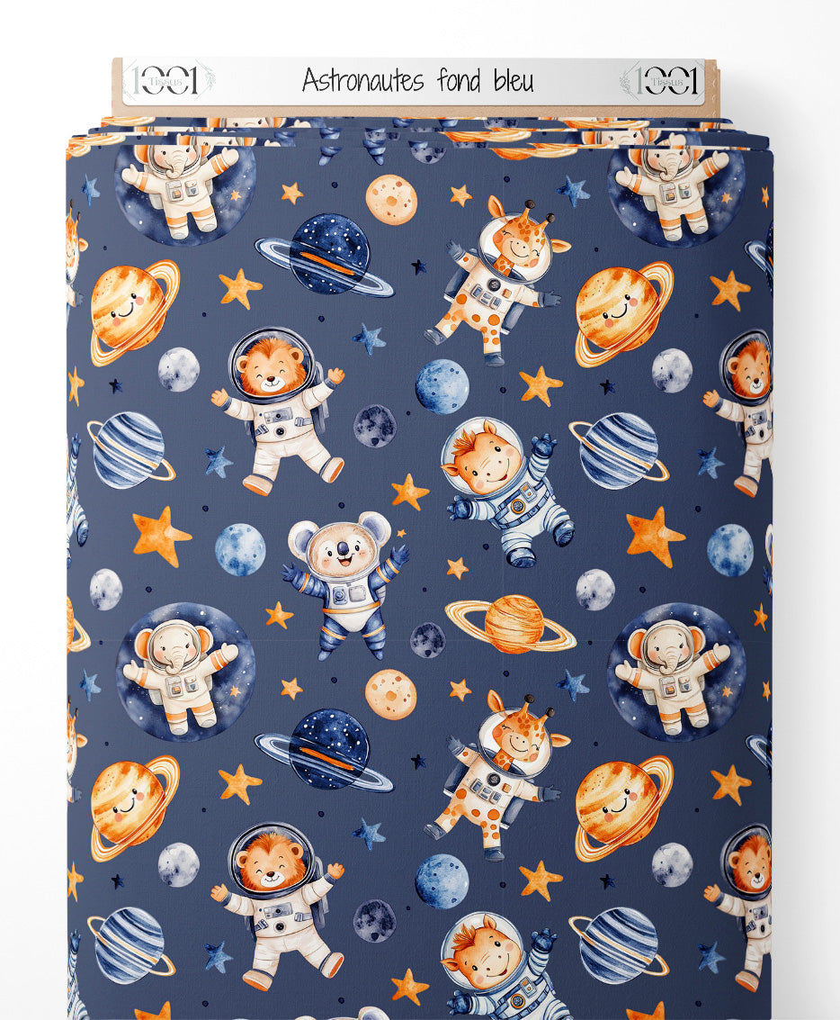 Tissu - Astronautes sur fond bleu