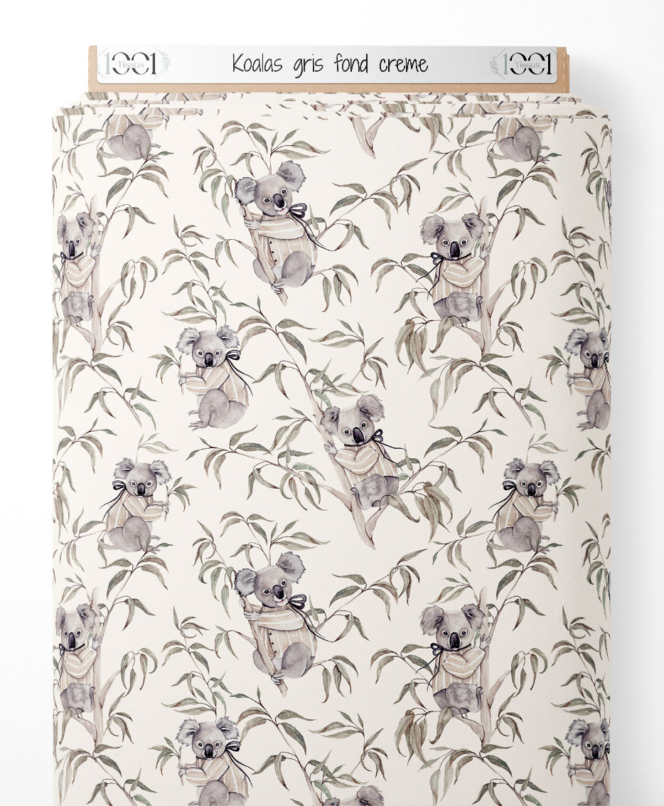 Tissu - Koalas gris sur fond crème