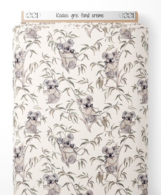 Tissu - Koalas gris sur fond crème