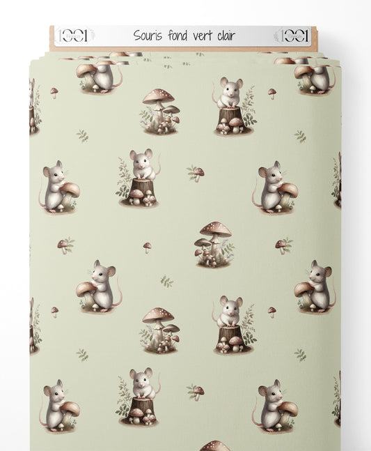 Tissu - Souris sur fond vert clair