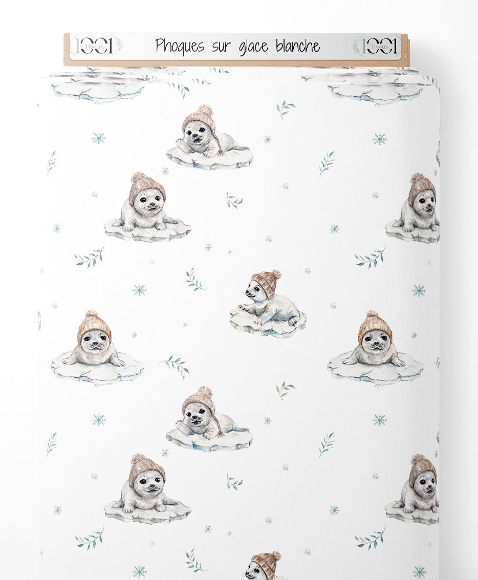 Tissu - Phoques sur glace blanche