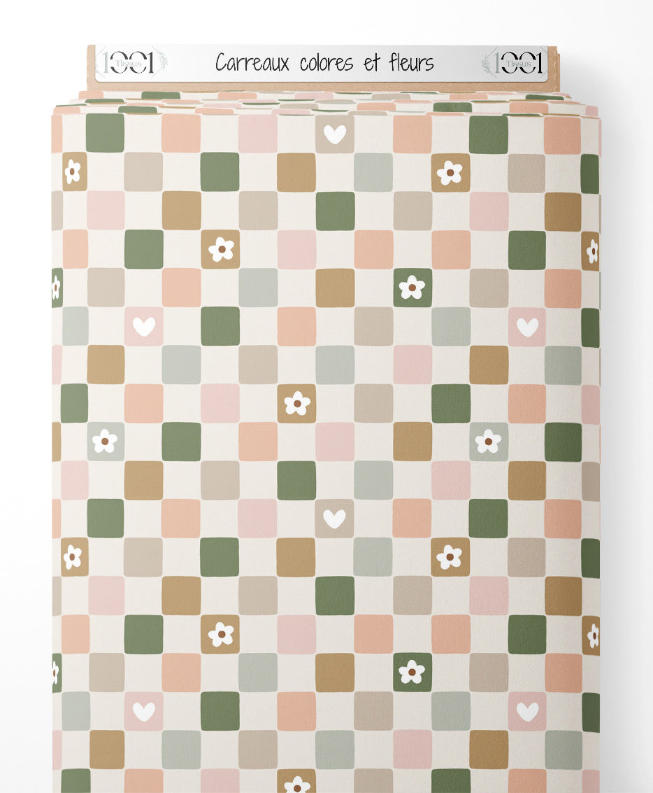 Tissu - Carreaux colorés et fleurs