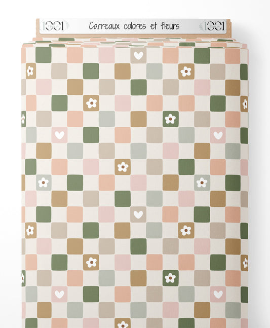 Tissu - Carreaux colorés et fleurs