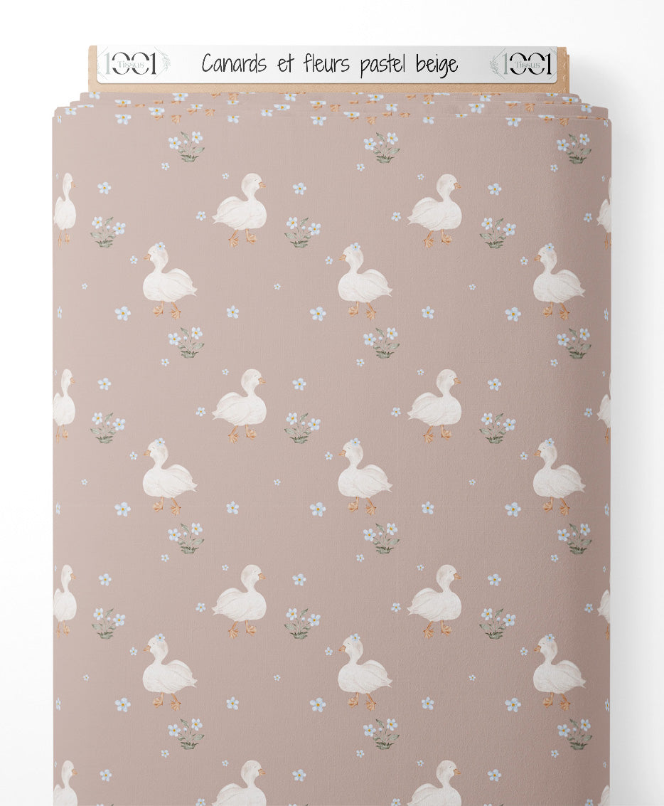 Tissu - Canards et fleurs pastel beige