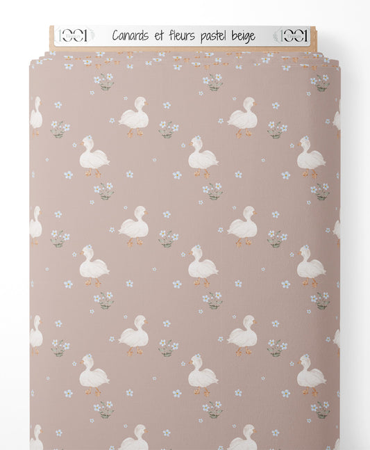 Tissu - Canards et fleurs pastel beige