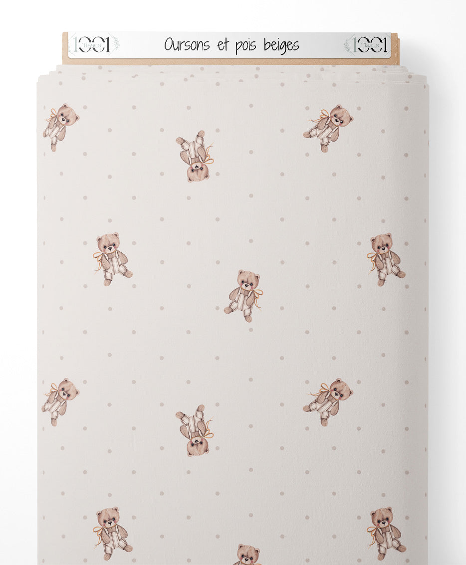 Tissu - Oursons et pois beiges