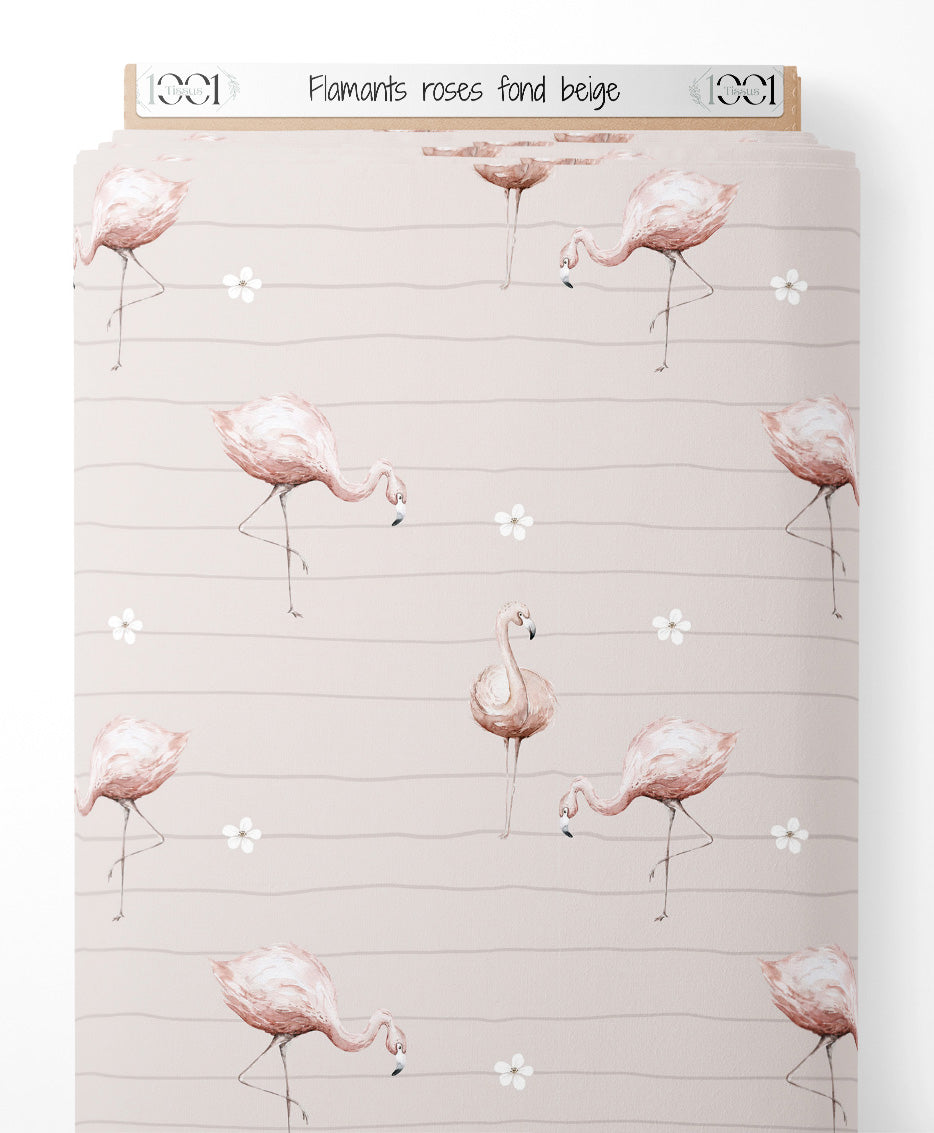 Tissu - Flamants roses sur fond beige