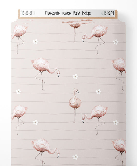 Tissu - Flamants roses sur fond beige