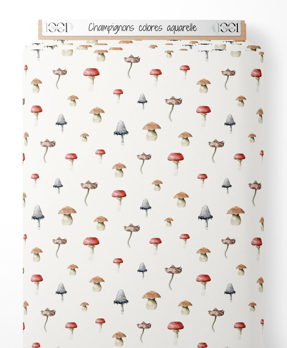 Tissu - Champignons colorés aquarelle