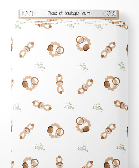 Tissu - Bijoux et feuillages verts